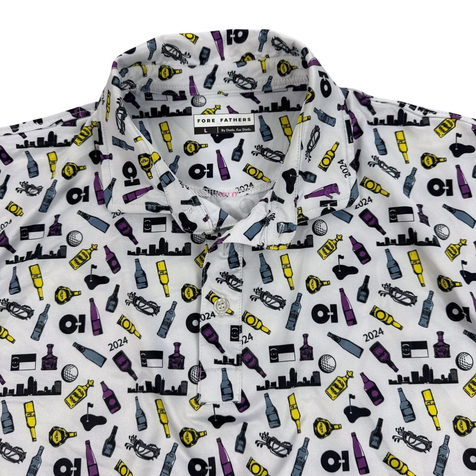 Fore Fathers Polo Shirt Mens Large White Golf Beer Graphic Print Performance Top